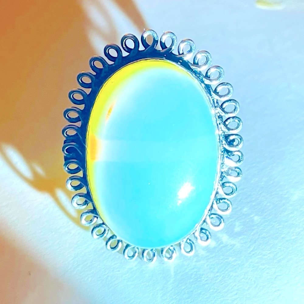 New 925 Sterling Silver Blue Yellow Triplet Opalite Artisten Oval Cut Ring - Picture 4 of 17
